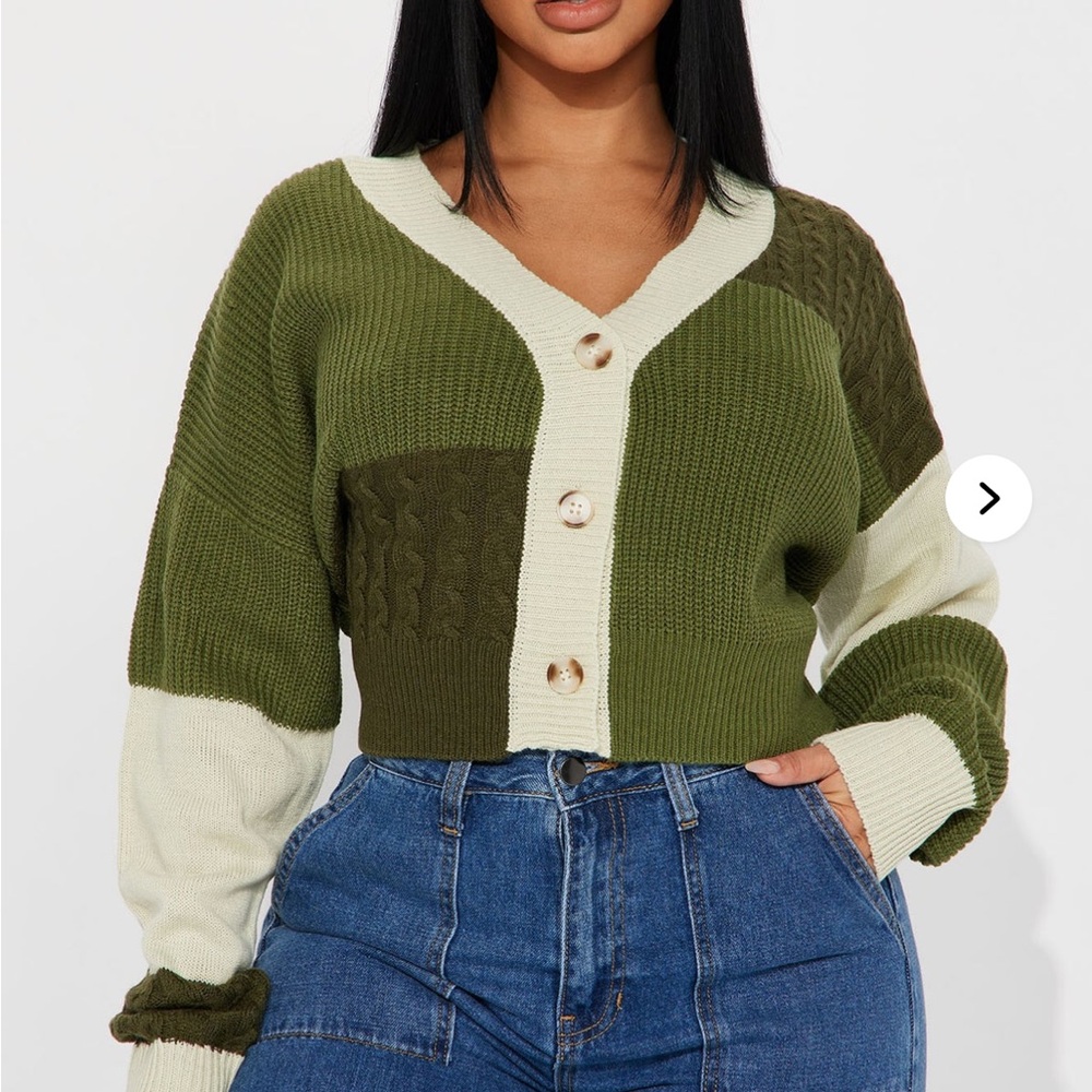 Fashion Nova - Olive Green and Cream Women's Sweater